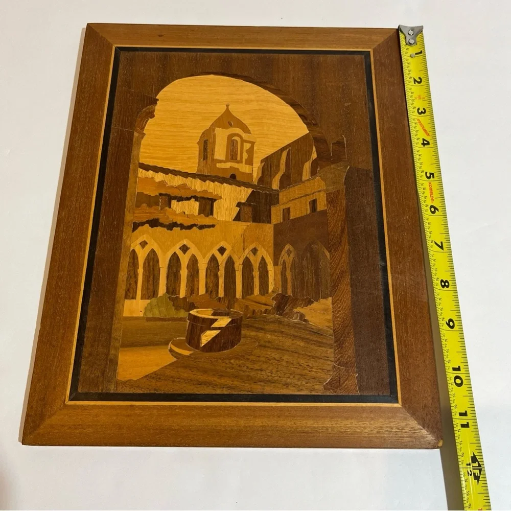 Inlaid Wood Picture Building Church 9”X12” Wall Hanging Vintage ?Made in Italy - Picture 7 of 7